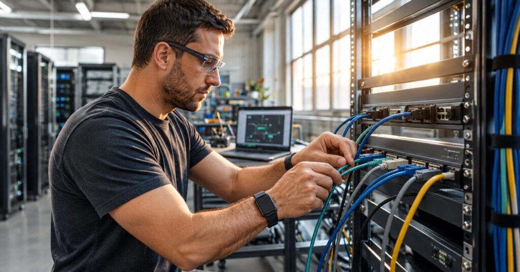 Installatore partner Nexum a Pistoia che collega i cavi di rete in un armadio dati aziendale