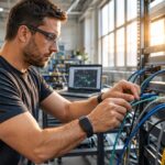 Installatore partner Nexum a Pistoia che collega i cavi di rete in un armadio dati aziendale
